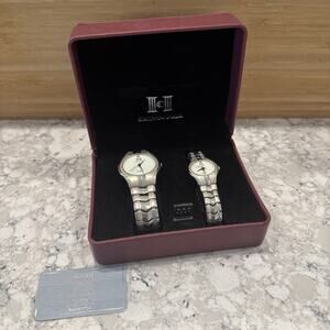 VTG Calvin Hill His Hers Quartz Watch Set Matching Pair Box Papers Silver Tone